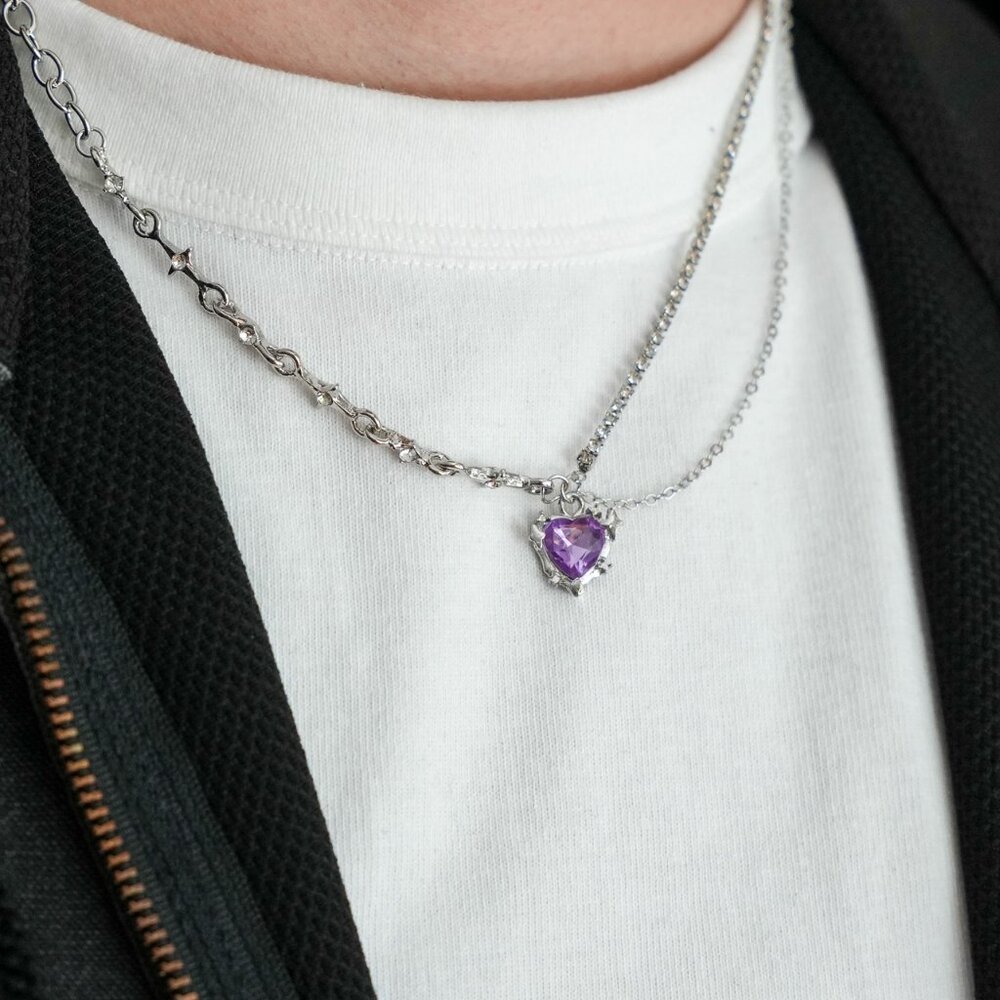 Purple stone heart silver necklace y2k